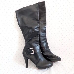 black knee high boots y2k pointed toe stiletto buckle boots